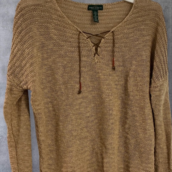 Lauren Ralph Lauren Sweaters - Ralph Lauren Womens Jeans Lace Up  Sweater Pullover Cotton Tan Brown Size Large